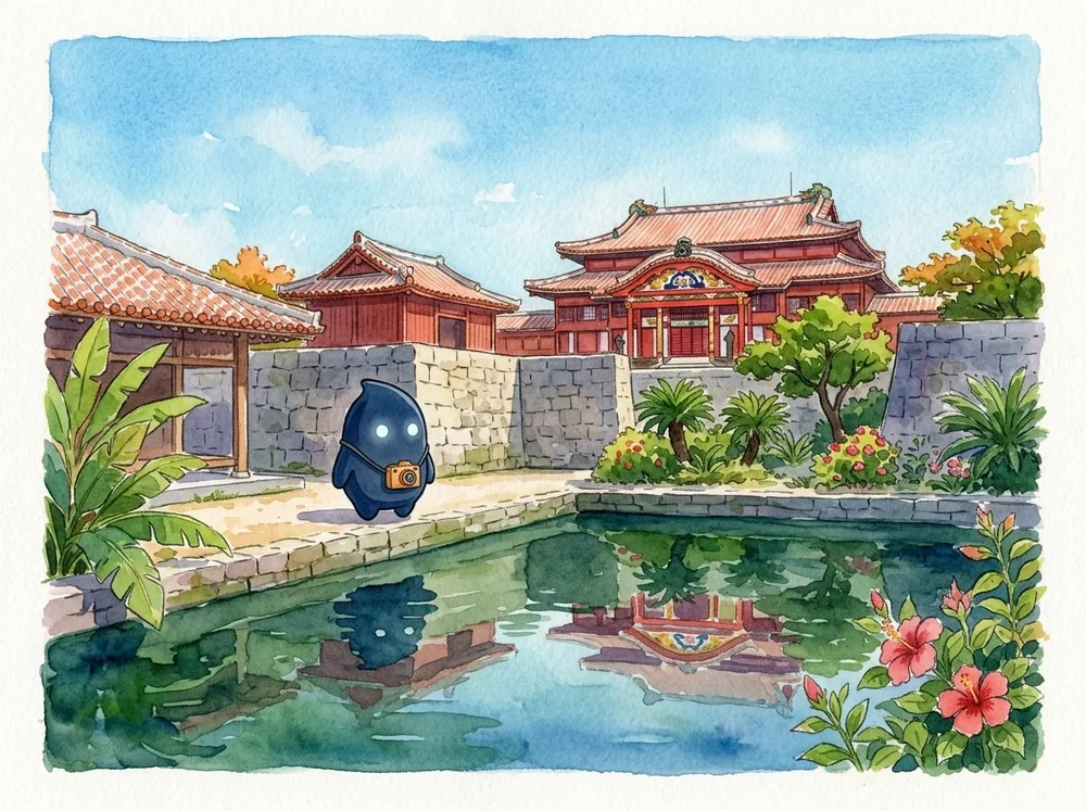 水彩の挿絵。首里城の石垣のそばの池のほとりを、カメラを下げたドッペルさんが歩き、水面に赤い城とドッペルさんが映っている。手前にハイビスカス