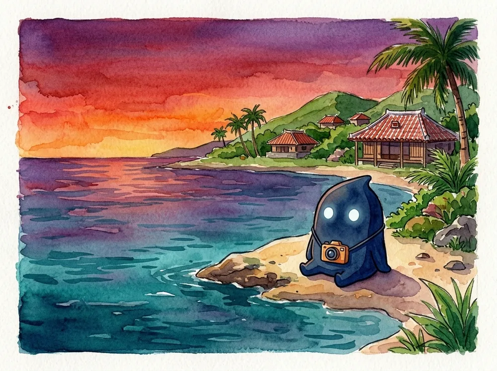 水彩の挿絵。茜色から紫色に染まる夕焼けの下、カメラを下げたドッペルさんが北谷の海辺の岩に座り、海を眺めている。奥に赤瓦の家とヤシの木