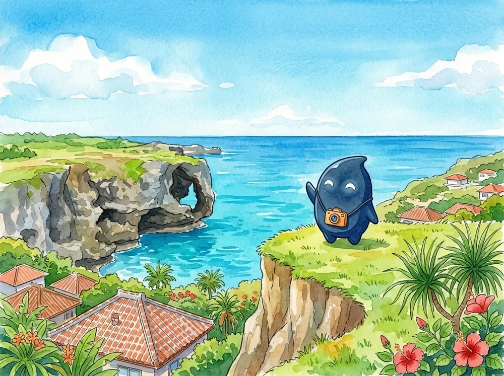 水彩の挿絵。青い海に象の鼻の形の岩が突き出す万座毛の崖の上で、カメラを下げたドッペルさんが目を細めて手を振っている。手前に赤瓦の屋根とハイビスカス