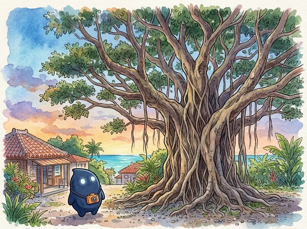 水彩の挿絵。夕焼け空の下、気根を垂らした大きなガジュマルの木のそばを、カメラを下げたドッペルさんが歩いている。脇に赤瓦の家