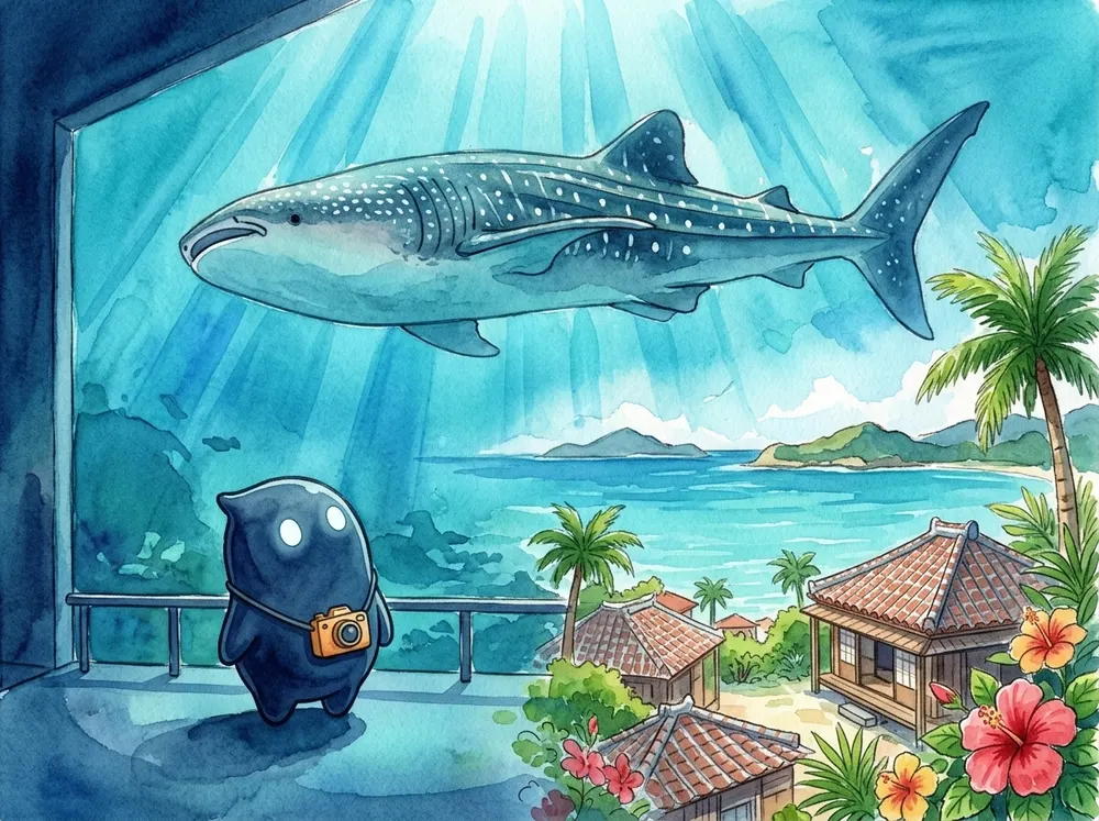 水彩の挿絵。光が差し込む大きな水槽の前にカメラを下げたドッペルさんが立ち、頭上をジンベエザメがゆったり泳いでいる