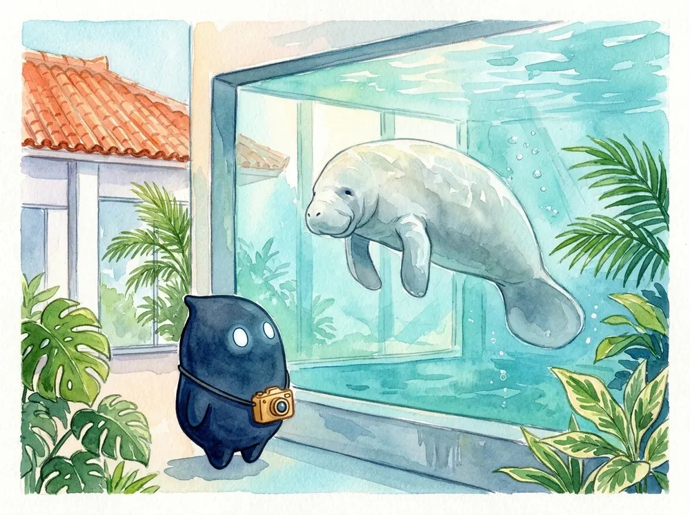 水彩の挿絵。明るい建物の中で、カメラを下げたドッペルさんが大きな水槽を見上げ、白いマナティーがぷかぷかと浮かんでいる